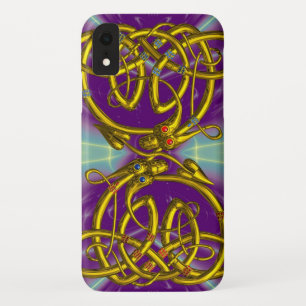 Funda Para iPhone XR DRAGON LOVE ,GOLD CELTIC KNONS DRAGONS, Púrpura