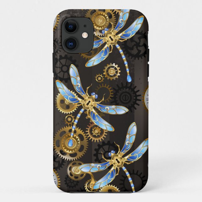 Funda De Case-Mate Para iPhone Dragoniscos de Steampunk sobre fondo rayado marrón (Reverso)