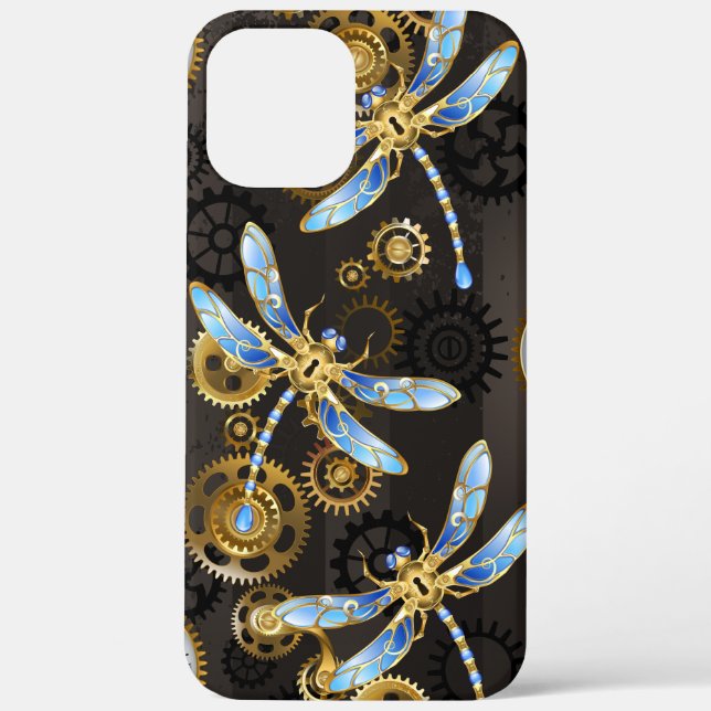Funda De Case-Mate Para iPhone Dragoniscos de Steampunk sobre fondo rayado marrón (Reverso )