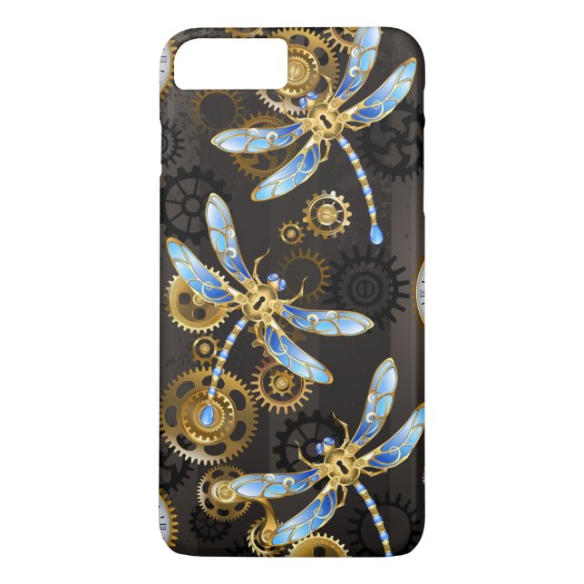 Funda De Case-Mate Para iPhone Dragoniscos de Steampunk sobre fondo rayado marrón (Reverso)