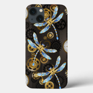 Funda Para iPhone 13 Dragoniscos de Steampunk sobre fondo rayado marrón