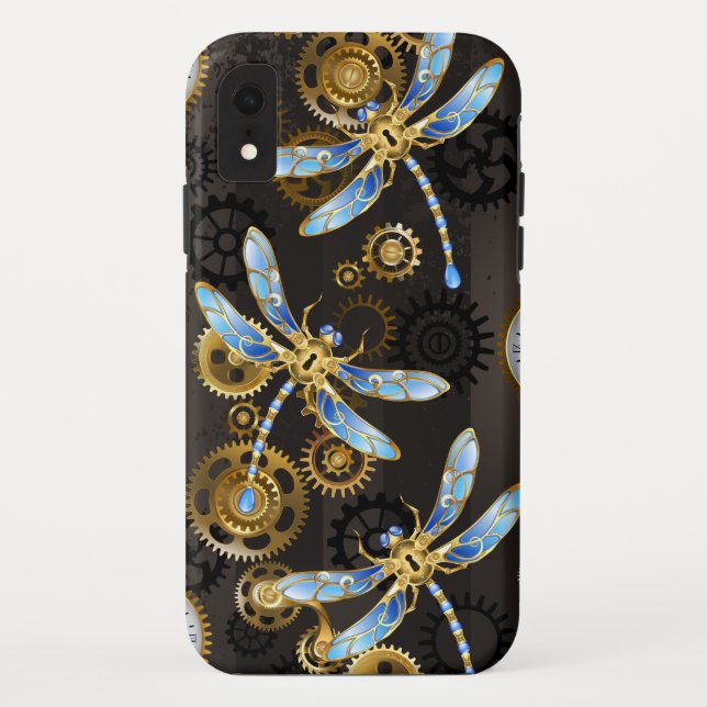 Funda De Case-Mate Para iPhone Dragoniscos de Steampunk sobre fondo rayado marrón (Reverso)