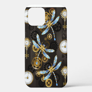 Funda Para iPhone 12 Pro Dragoniscos de Steampunk sobre fondo rayado marrón