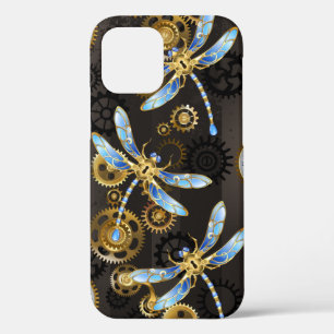 Funda Para iPhone 12 Dragoniscos de Steampunk sobre fondo rayado marrón