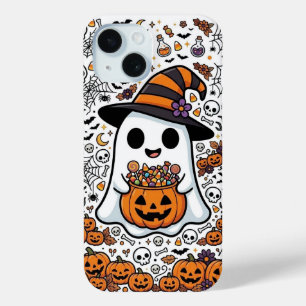 Funda Para iPhone 15 Dulce de Calabaza Fantasma de Halloween Patrón de 
