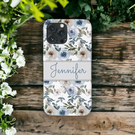 Funda Para iPhone 13 Pro Max Duste Blue Gray Watercolor Floral Nombre personali