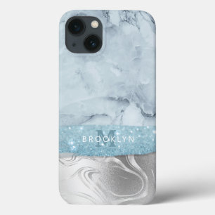Funda Para iPhone 13 Dusty Blue Marble Purpurina Plata Nombre Monograma