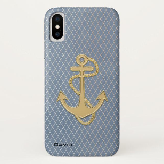 Funda De Case-Mate Para iPhone El ancla dorada en el Personalizado azul (Reverso)