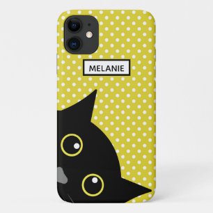Funda Para iPhone 11 El curioso punto de polka amarillo gato negro pers
