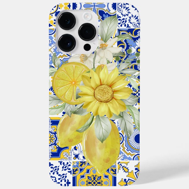 Funda De Case-Mate Para iPhone El mosaico florece en azul y amarillo (Reverso)
