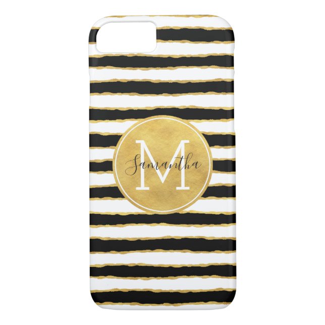 Funda De Case-Mate Para iPhone El oro blanco negro raya el monograma (Reverso)