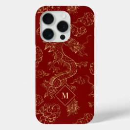 Funda Para iPhone 15 Pro El oro del dragón chino y el rojo oscuro