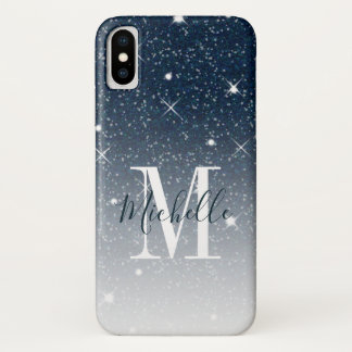 Funda Para iPhone X El purpurina azul marino chispea nombre de la