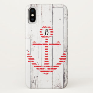 Funda Para iPhone X El rojo náutico del ancla raya la madera blanca