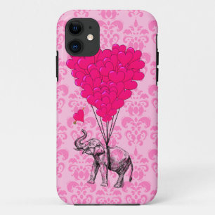 Funda Para iPhone 11 Elefante agarrando el corazón en damasco rosa