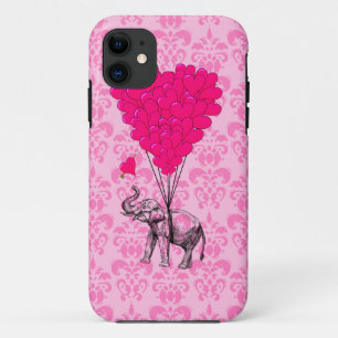 Funda Para iPhone 11 Elefante agarrando el corazón en damasco rosa