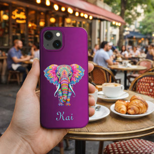 Funda Para iPhone 13 Elefante de Mandala colorido con nombre personaliz