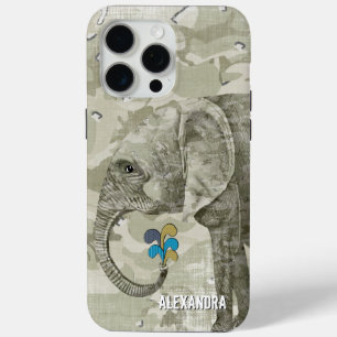 Funda Para iPhone 15 Pro Max Elefante de moda camo sobre camuflaje verde