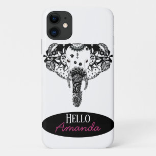 Funda Para iPhone 11 elefante maraña de línea blanca y negra moderna