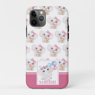 Funda Para iPhone 11 Pro Elefante Rosa Femenino con Lazo y Patrón de Globo