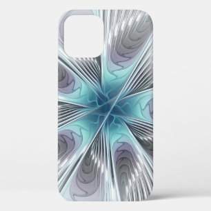 Funda Para iPhone 12 Elegancia Arte Fractal Flor Azul Gris Blanco Moder
