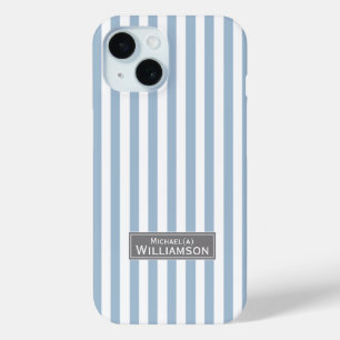 Funda Para iPhone 15 Elegancia eterna en franjas azul y blanca en polvo
