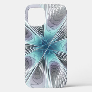 Funda Para iPhone 12 Elegancia Flor de Arte Fractal Blanco Gris Azul