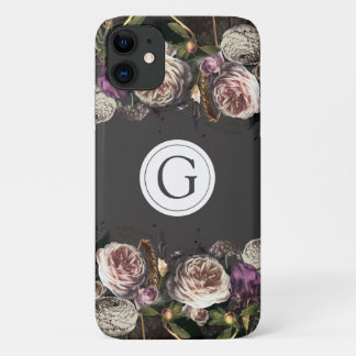 Funda Para iPhone 11 Elegancia oscura Floral Monograma iPhone