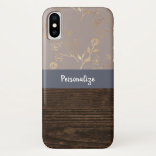 Funda Para iPhone X Elegancia Rústica Madera Oscura y Oro Floral y Nom