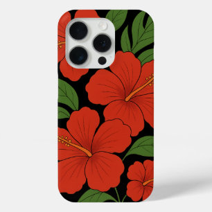 Funda Para iPhone 15 Pro Elegancia tropical Hibiscus rojo en negro