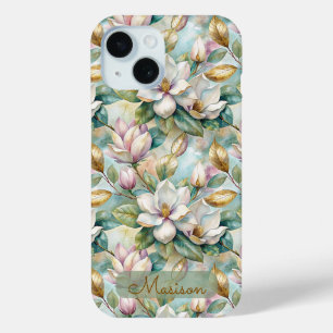 Funda Para iPhone 15 Elegant Magnolias Flowers Gold with Name