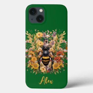Funda Para iPhone 13 Elegante Abeja y girasoles con nombre personalizad