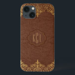 Funda Para iPhone 13 Elegante acento de oro de cuero marrón vintage<br><div class="desc">Elegantes tonos marrones vintage que imitan el estilo de cuero con toques de encaje floral de tonos dorados. El monograma de personalizable es opcional.</div>
