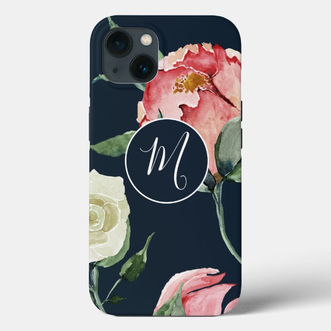 Funda De Case-Mate Para iPhone Elegante acuarela Rubor Navy Monogrammed Floral (Reverso )