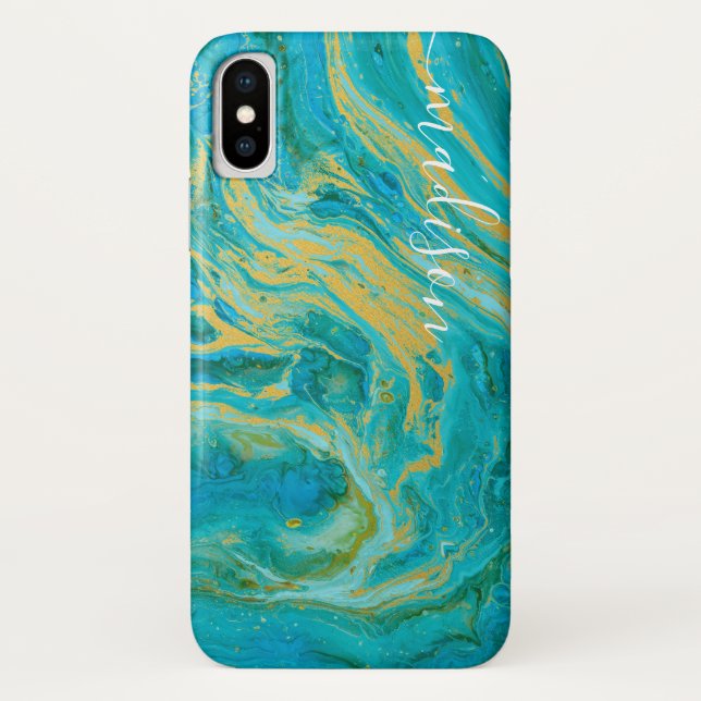 Funda De Case-Mate Para iPhone Elegante Agate Green Blue & Gold Marble Tu Nombre (Reverso)