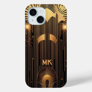 Funda Para iPhone 15 Elegante Art Deco Dorado Lluvia Monograma o Nombre