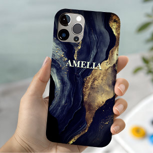 Funda Para iPhone 14 De Case-Mate Elegante arte de mármol azul marino con brillo dor