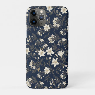 Funda Para iPhone 11 Pro Elegante azul marino y lirio floral dorado