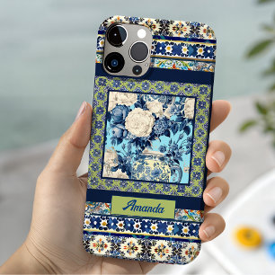 Funda Para iPhone 15 Elegante baldosas azules florales chinoiserie mono
