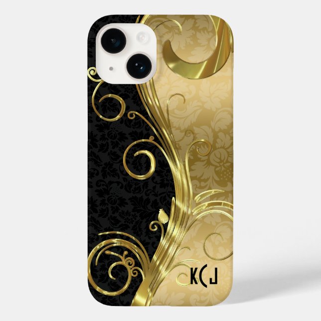 Funda De Case-Mate Para iPhone Elegante Black Damask Gold Swirls (Reverso )
