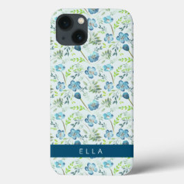 Funda Para iPhone 13 Elegante Boho Blue Green Flores de color de agua N
