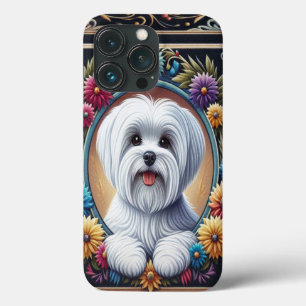 Funda Para iPhone 13 Pro Elegante borde maltés de colores florales de perro