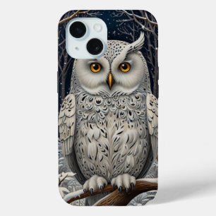 Funda Para iPhone 15 Elegante bosque de invierno de búho blanco
