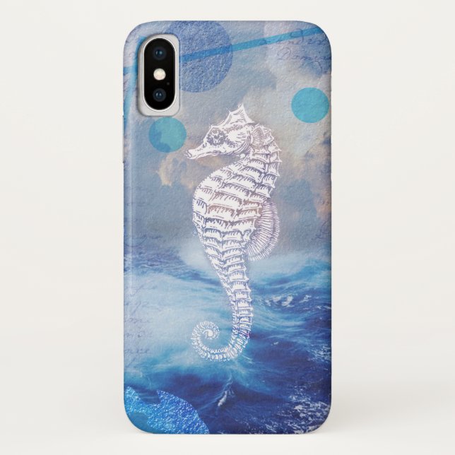 Funda De Case-Mate Para iPhone Elegante caballito de mar de época con olas de océ (Reverso)