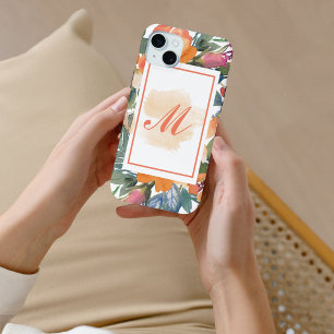 Funda Para iPhone 15 Mini Elegante Chic Flor de Acuarela de Melocotón Monogr