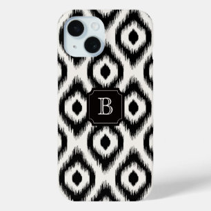 Funda Para iPhone 15 Elegante Chic Monograma Ikat Negro Marfil Diamante