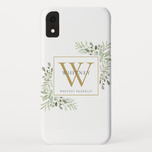 Funda Para iPhone XR Elegante Chic Monograma Verde Dorado
