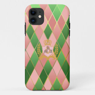 Funda Para iPhone 11 Elegante Chic Rosa y Verde Argyle Monogramado
