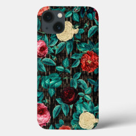 Funda Para iPhone 13 Elegante Chic Vintage Rosas Rojas Rayas Negras