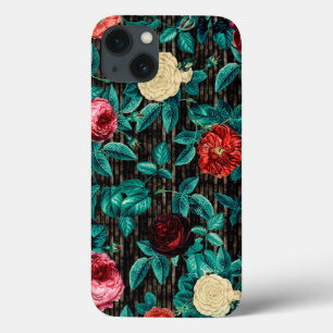 Funda Para iPhone 13 Elegante Chic Vintage Rosas Rojas Rayas Negras